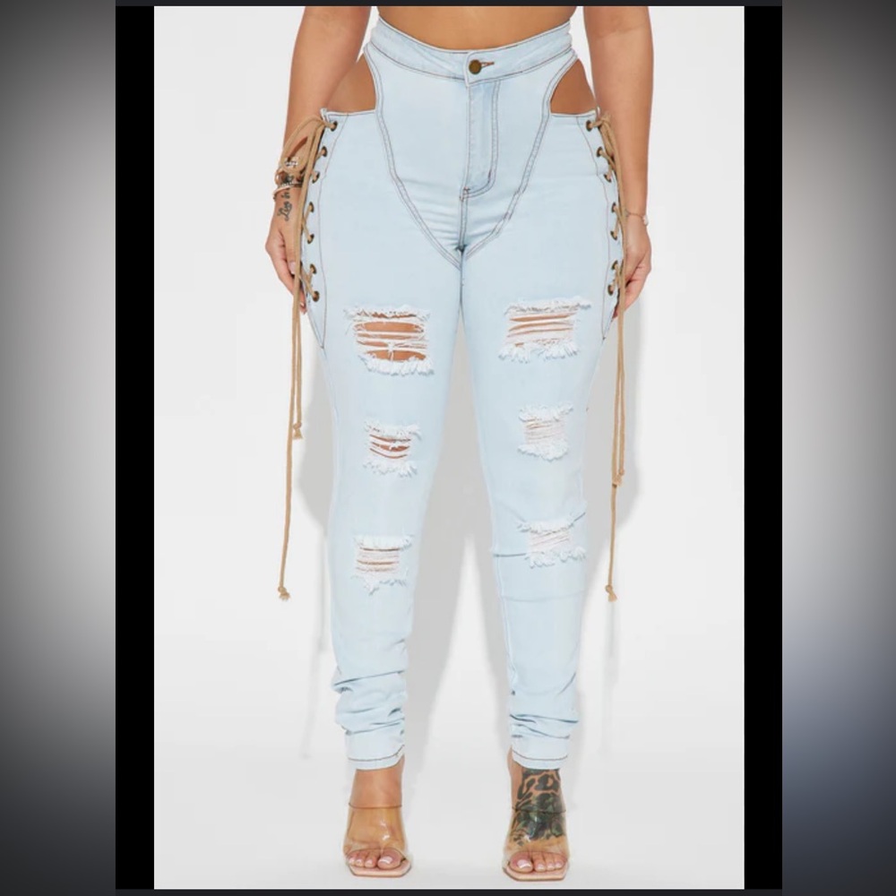 Fashion Nova -Getting Out There Lace Up Skinny Jeans - Light Wash size L